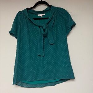 Rebecca Taylor Green Textured Tie‎ Neck Short Sleeve Peasant Blouse Top Size S